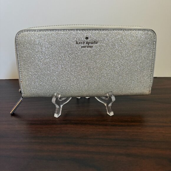 Kate Spade Tinsel Shimmy Glitter Continental Women's Wallet Silver Zip Around - Picture 1 of 5